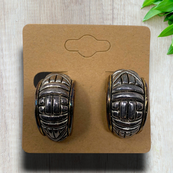 Vintage 1980s Textured Silver & Gold Tone Clip On Huggie Earrings Couture Chunky - Picture 5 of 5